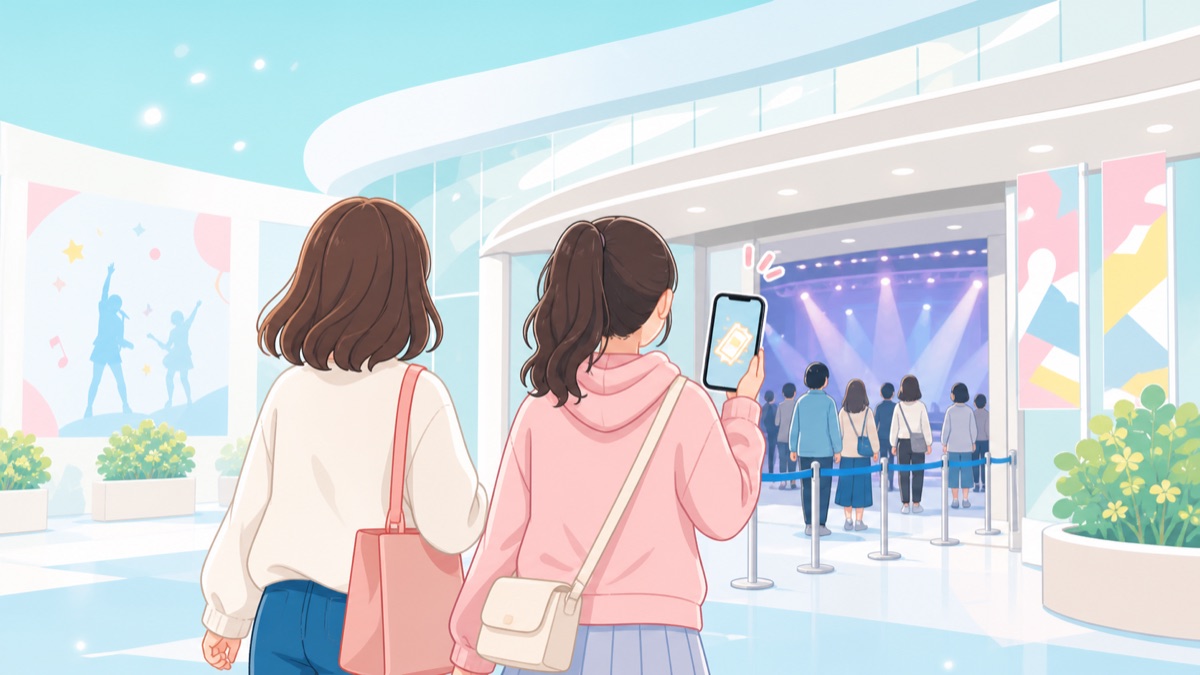 スマートフォンでデジタルチケットを準備してライブ会場へ入場する様子